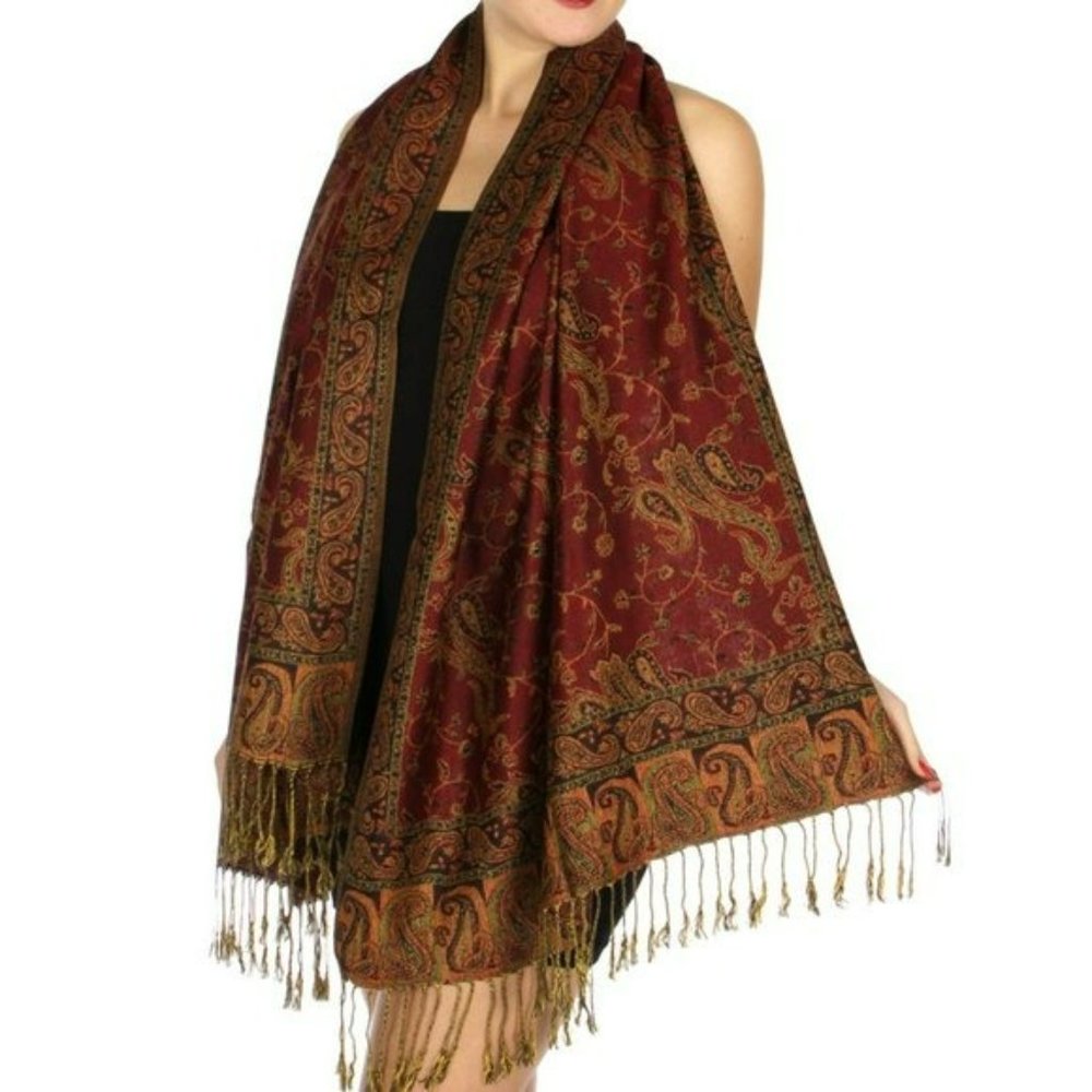 NWT Gorgeous Reversible Paisley Fringed Pashmina Shawl Evening Wrap - Picture 2 of 7